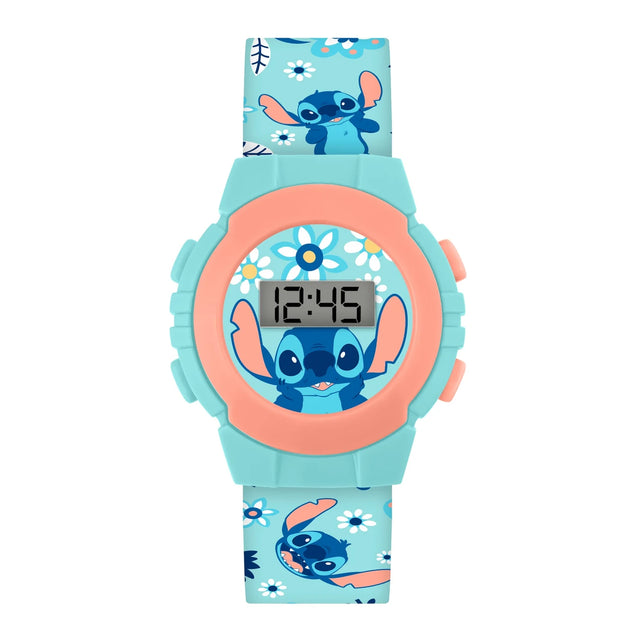 Disney Stitch Printed Digital Watch close view with digital time display, turquoise case, coral bezel and Stitch artwork