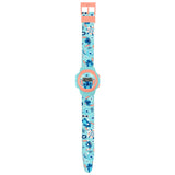 Disney Stitch Printed Digital Watch full view with turquoise printed strap featuring Stitch, flowers and tropical details