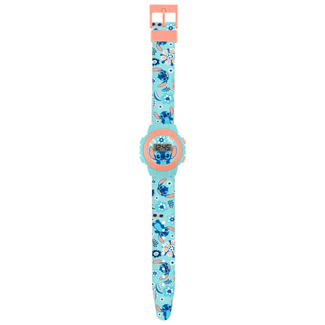 Disney Stitch Printed Digital Watch full view with turquoise printed strap featuring Stitch, flowers and tropical details