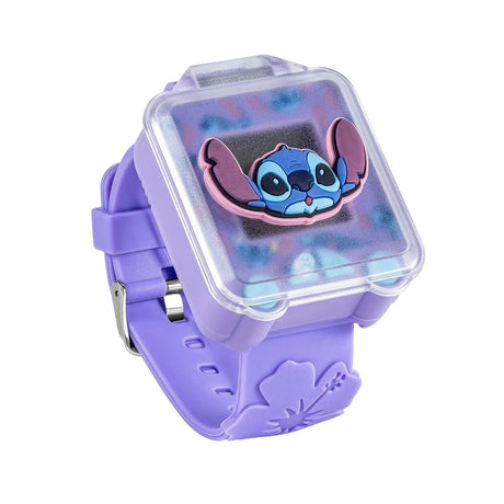 Disney Stitch Purple Learning Watch closed front view with raised Stitch cover and purple strap with flower detail