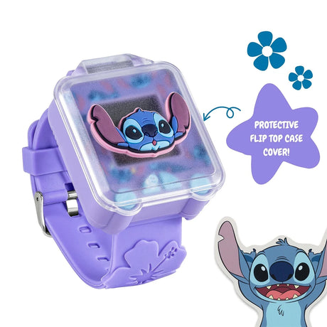 Disney Stitch Purple Learning Watch with protective flip top case cover featuring raised Stitch artwork