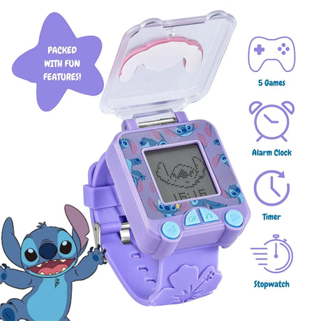 Disney Stitch Purple Learning Watch open with digital screen and controls, showing 5 games, alarm clock, timer and stopwatch functions