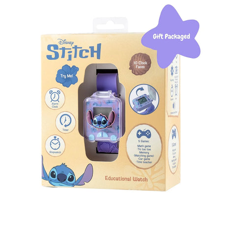 Disney Stitch Purple Learning Watch displayed in branded retail packaging showing 10 clock faces, 5 games, alarm, timer and stopwatch
