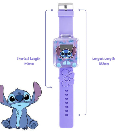 Disney Stitch Purple Learning Watch full strap view showing adjustable fit from 140 mm to 182 mm
