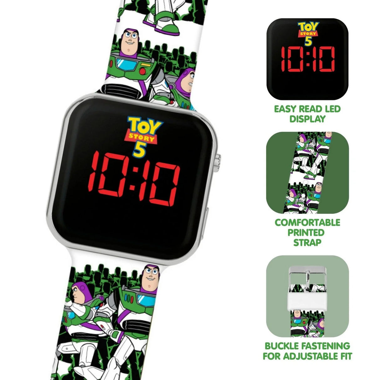 Disney Toy Story 5 Buzz LED watch showing the LED display, printed strap and buckle fastening