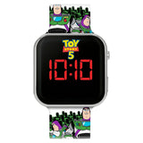 Disney Toy Story 5 Buzz LED watch with black screen, red digital display and Buzz Lightyear printed strap