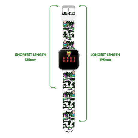 Disney Toy Story 5 Buzz LED watch with shortest and longest strap length measurements