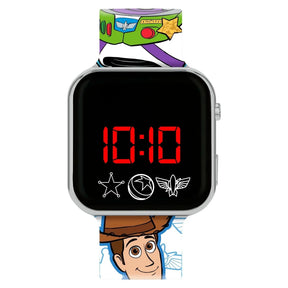 Disney Toy Story Buzz and Woody LED watch with black screen, red digital display and character printed strap