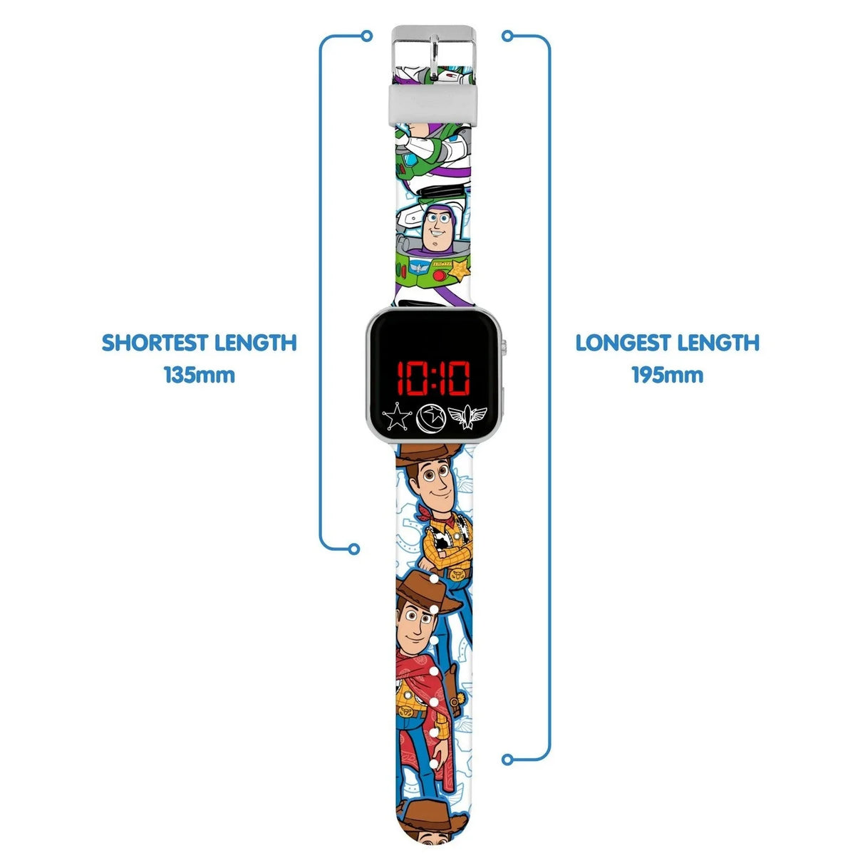 Disney Toy Story Buzz and Woody LED watch with shortest and longest strap length measurements