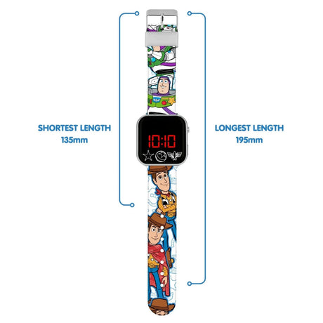 Disney Toy Story Buzz and Woody LED watch with shortest and longest strap length measurements