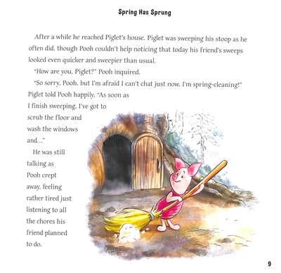 Open Disney Winnie the Pooh storybook page showing Piglet sweeping beside text from Spring Has Sprung