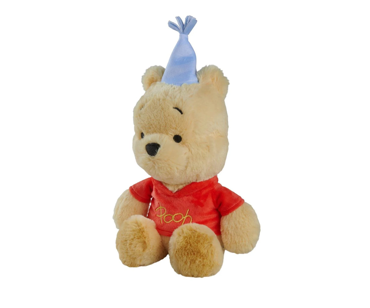 Disney Winnie the Pooh Anniversary 25cm plush soft toy shown at a slight angle, seated with red embroidered top and light blue party hat