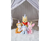 Disney Winnie the Pooh Anniversary 25cm plush displayed alongside Tigger, Eeyore and Piglet anniversary plush toys, all wearing party hats, inside a star-print play tent