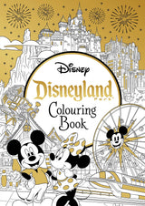 Disneyland Parks Colouring Book cover featuring Mickey Mouse and Minnie Mouse with Sleeping Beauty Castle and park attractions