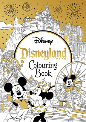 Disneyland Parks Colouring Book cover featuring Mickey Mouse and Minnie Mouse with Sleeping Beauty Castle and park attractions