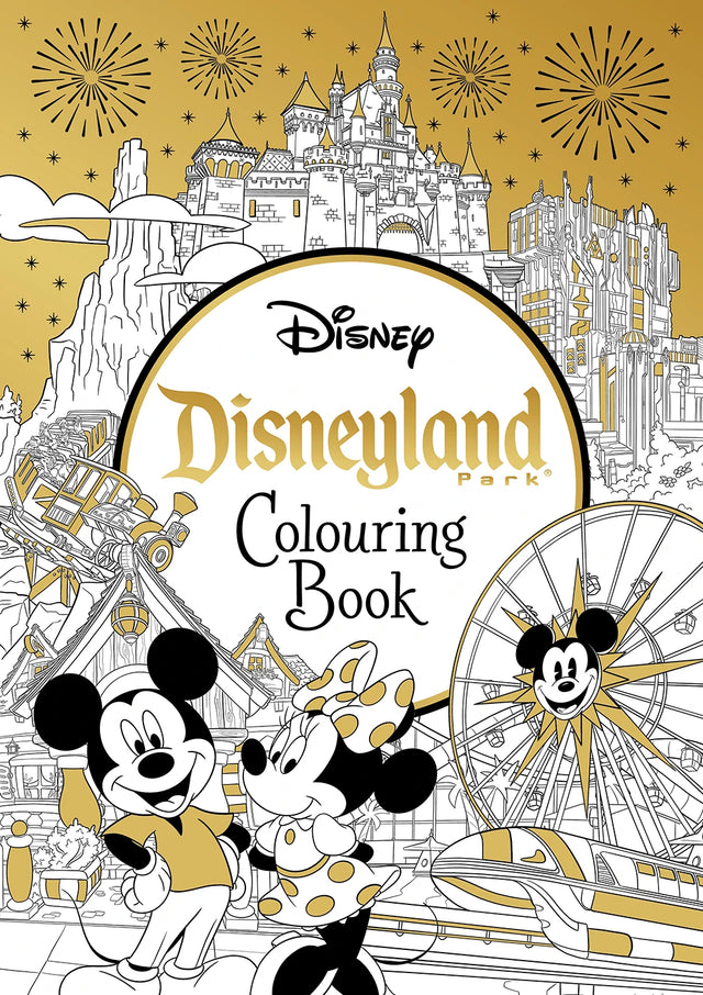 Disneyland Parks Colouring Book cover featuring Mickey Mouse and Minnie Mouse with Sleeping Beauty Castle and park attractions