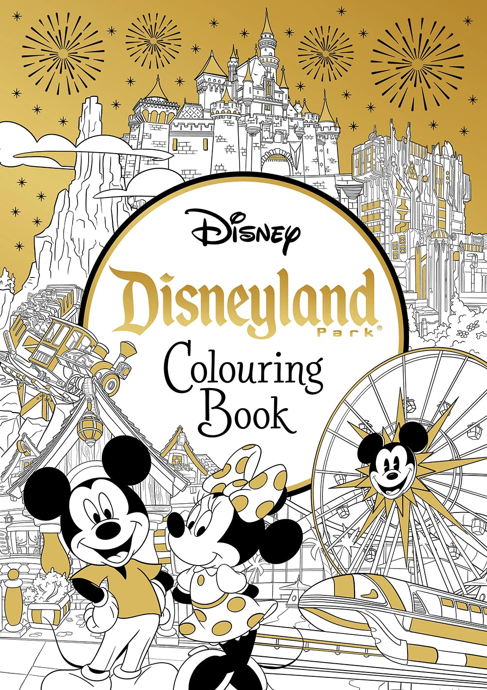 Disneyland Parks Colouring Book cover with Mickey Mouse, Minnie Mouse, Sleeping Beauty Castle, a monorail and theme park attractions