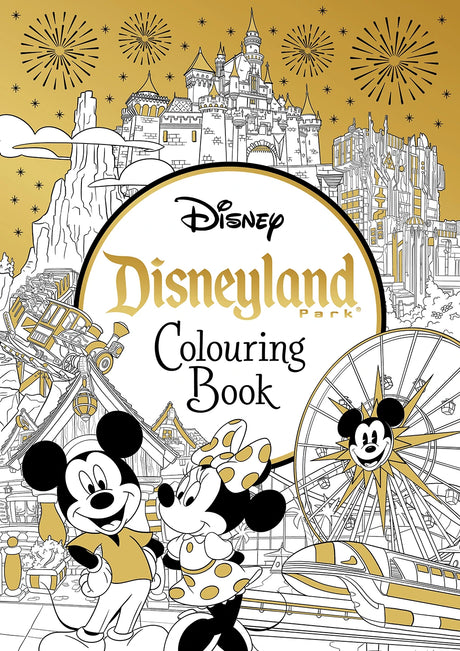 Disneyland Parks Colouring Book cover with Mickey Mouse, Minnie Mouse, Sleeping Beauty Castle, a monorail and theme park attractions