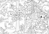 Two black-and-white Disneyland colouring pages with Mickey Mouse and Donald Duck in jungle scenes