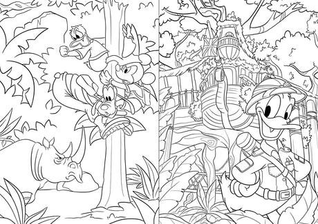 Two black-and-white Disneyland colouring pages with Mickey Mouse and Donald Duck in jungle scenes