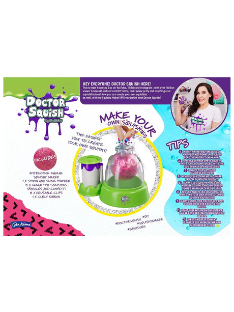 Back of Doctor Squish Squishy Maker box showing the kit contents, maker station and usage tips