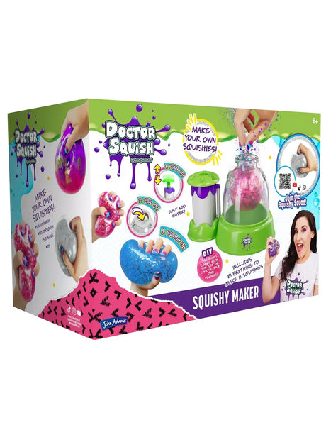 Doctor Squish Squishy Maker box showing the maker station, finished squishies and pump, fill and squish instructions