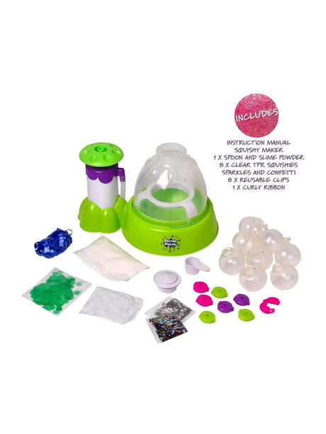 Doctor Squish Squishy Maker contents including maker station, 8 clear squishies, clips, slime powder, confetti, sparkles, spoon and ribbon