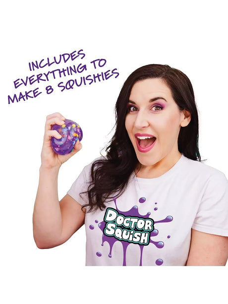 Doctor Squish Squishy Maker promotional image showing a woman holding a finished purple squishy