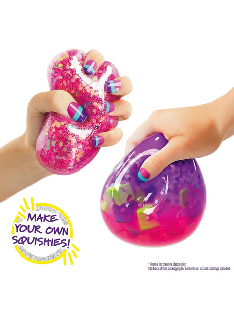 Doctor Squish Squishy Maker finished pink and purple squishies filled with glitter and colourful decorations