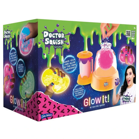 Doctor Squish Squishy Maker Glow It box showing the maker station and glowing pink and yellow squishies