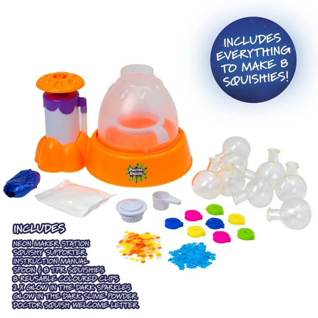 Doctor Squish Squishy Maker Glow It contents showing the maker station, 8 clear squishies, reusable coloured clips, glow in the dark sparkles, slime powder, spoon and accessories
