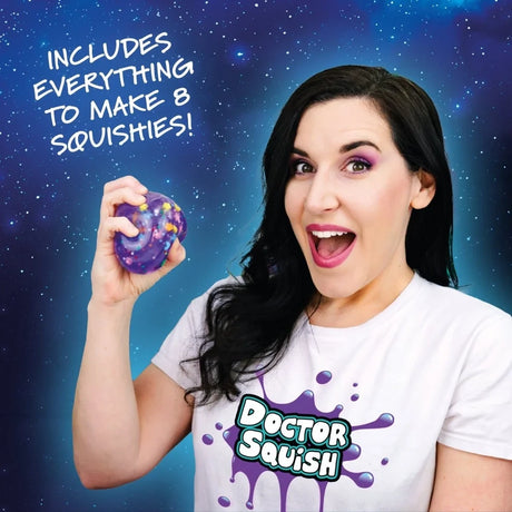 Doctor Squish holding a filled squishy with text stating the set includes everything to make 8 squishies