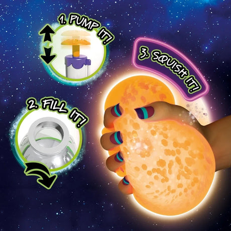 Doctor Squish Squishy Maker Glow It guide showing the three steps to pump, fill and squish a glowing squishy