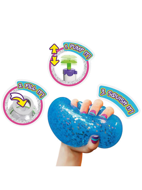 Doctor Squish Squishy Maker instructions showing the pump, fill and squish steps with a finished blue squishy