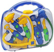 Close-up of toy doctors set inside a clear blue carry case, showing stethoscope, reflex hammer, syringe, scissors, scalpel, otoscope, and patient record card in yellow, blue, and green