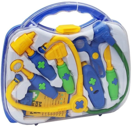 Close-up of toy doctors set inside a clear blue carry case, showing stethoscope, reflex hammer, syringe, scissors, scalpel, otoscope, and patient record card in yellow, blue, and green