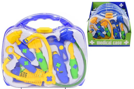 Toy doctors set in clear blue carry case shown alongside its retail display box labelled Medical Case with cross symbols