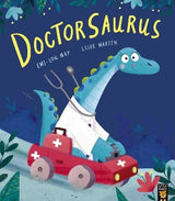 Doctorsaurus front cover with a dinosaur doctor, stethoscope and title text