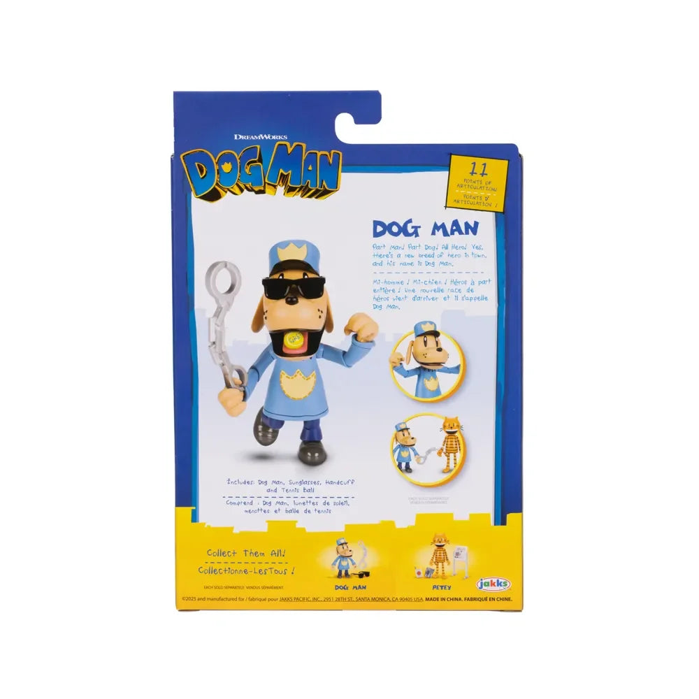 Back of Dog Man 5-inch figure packaging with product details – Ireland