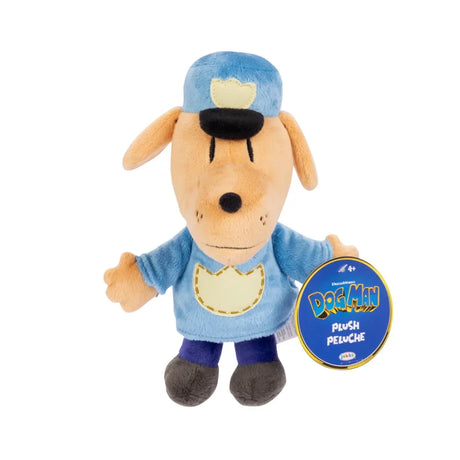 Dog Man 9-inch plush front view with printed badge and blue uniform – Ireland