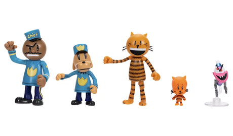 Lineup of articulated Dog Man figures including Petey and Flippy in Ireland
