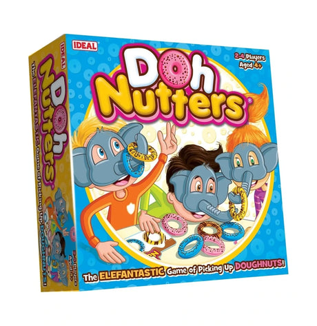 Doh Nutters Game box angled left showing children wearing elephant masks and picking up colourful doughnuts