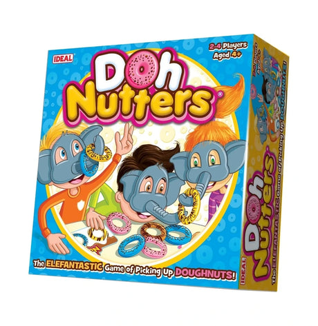 Doh Nutters Game box angled right showing elephant masks, doughnuts and 2 to 4 player information
