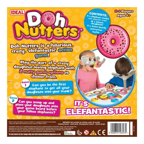 Back of Doh Nutters Game box showing two game options, contents, age 4+ and barcode