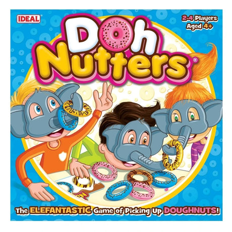 Front of Doh Nutters Game box showing children wearing elephant masks and picking up doughnuts