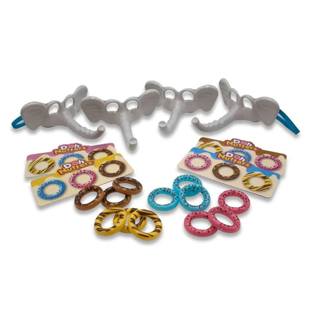 Doh Nutters Game contents with four elephant masks, four game boards and twelve colourful plastic doughnuts
