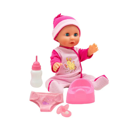 Baby Lily doll seated with potty, bottle, pacifier, and pants arranged clearly on a plain background