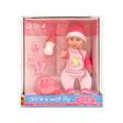 Baby Lily drink and wet doll set in pink outfit shown in Dolls World retail box with bottle, potty, and accessories