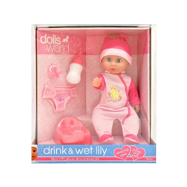 Baby Lily drink and wet doll set in pink outfit shown in Dolls World retail box with bottle, potty, and accessories