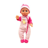 Baby Lily soft bodied drink and wet doll in pink hooded outfit with pacifier shown against a plain background